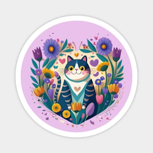 Cat In Heart Shaped Flowers Magnet